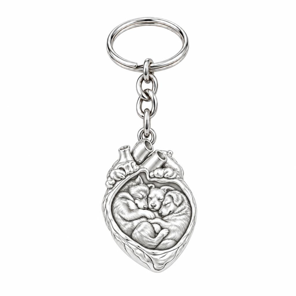 Puppies in My Heart Charm Keychain – silver, front view
