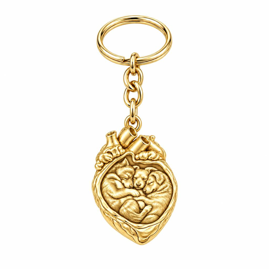 Puppies in My Heart Charm Keychain – 18K gold, front view