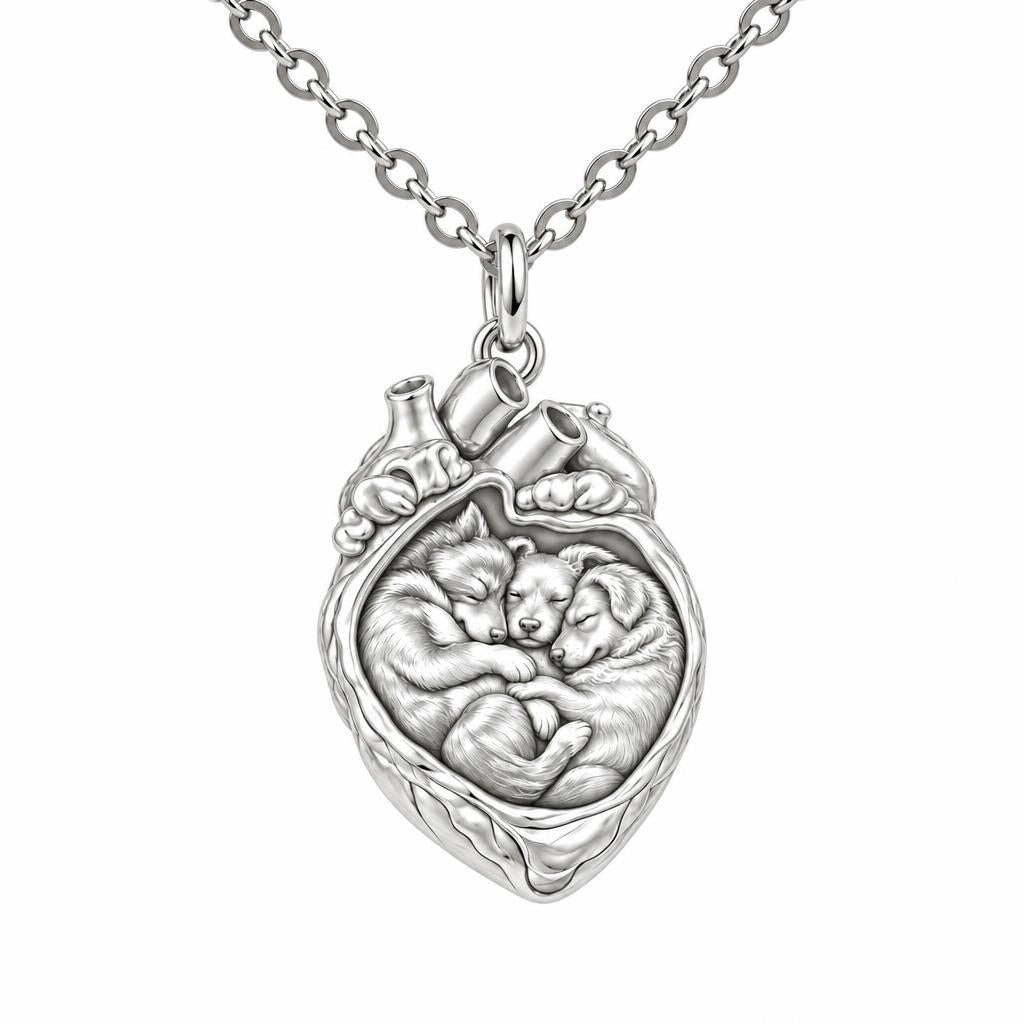 Puppies in My Heart Charm Necklace Set – silver, front view