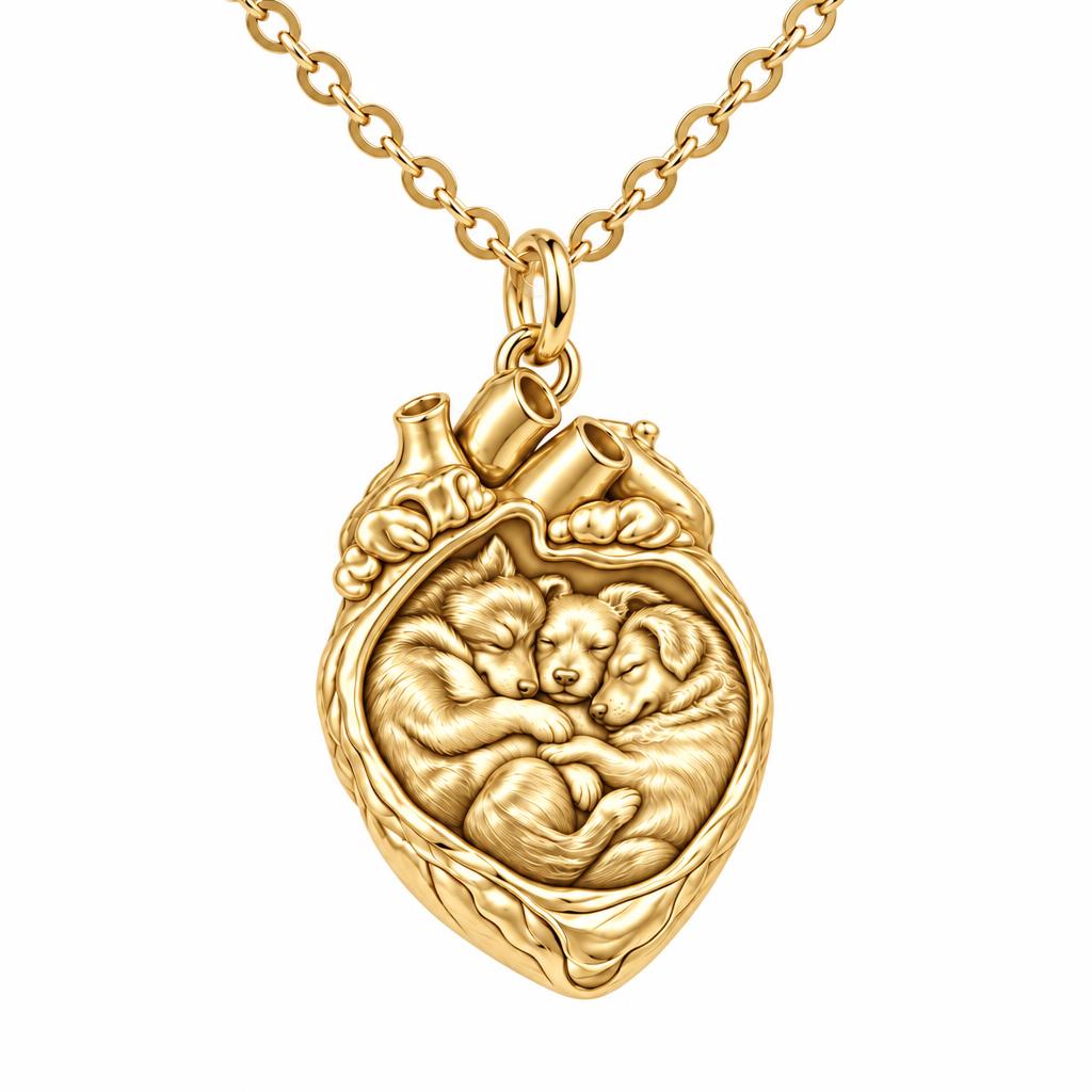 Puppies in My Heart Charm Necklace Set – 18K gold, front view