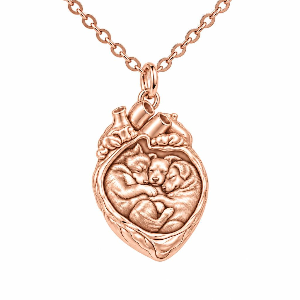 Puppies in My Heart Charm Necklace Set – rose gold, front view