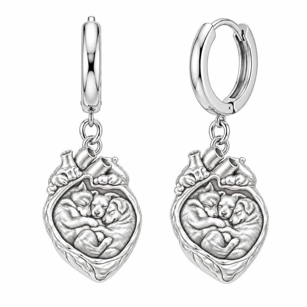 Puppies in My Heart Huggie Charm Earrings – silver, front view