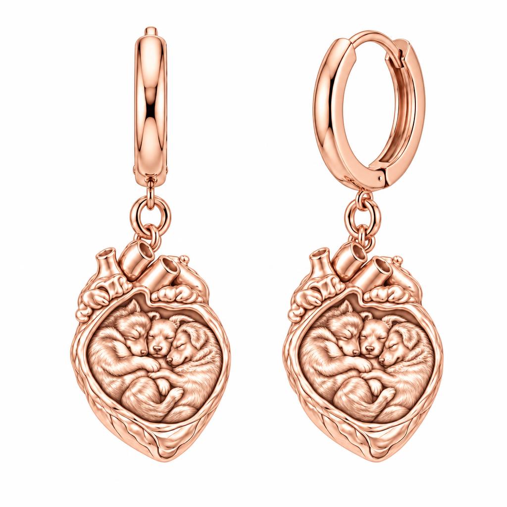 Puppies in My Heart Huggie Charm Earrings – rose gold, front view