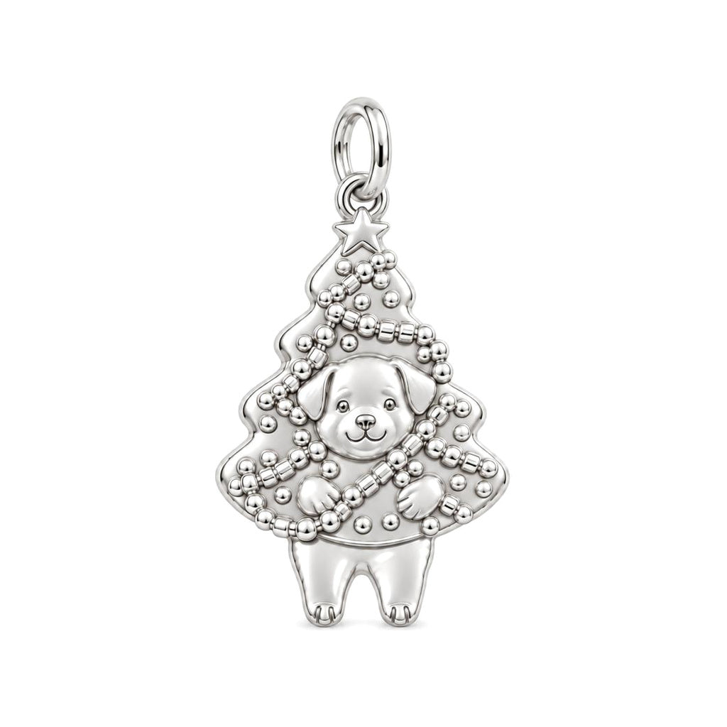 Puppy Christmas Tree Charm Bracelet – Personalized Dog Mom Gift – silver charm, front view