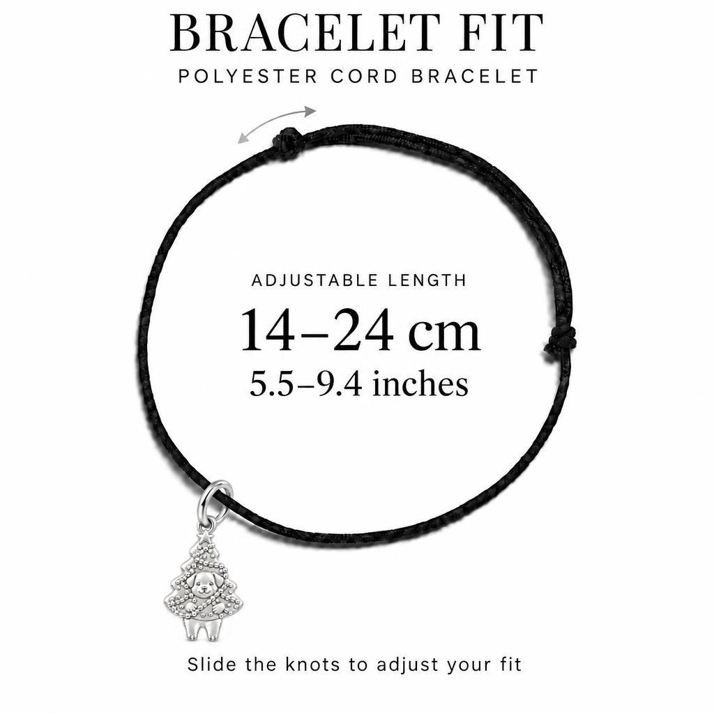 Puppy Christmas Tree Charm Bracelet – Personalized Dog Mom Gift – adjustable black cord bracelet, 14–24 cm