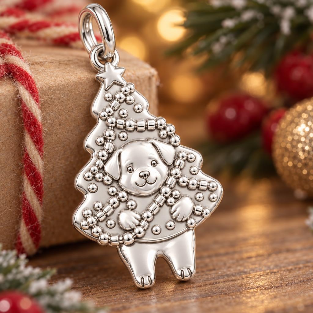 Puppy Christmas Tree Charm Bracelet – Personalized Dog Mom Gift – macro detail of the charm