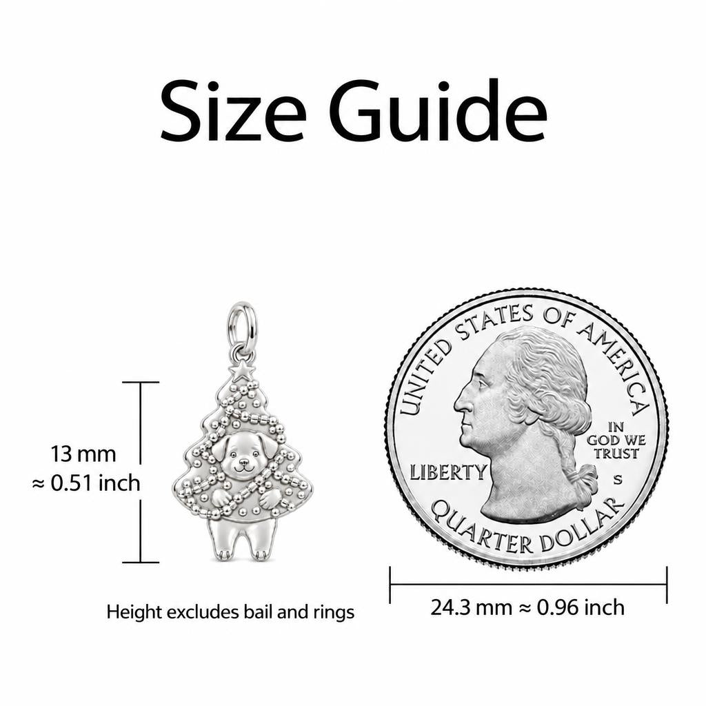 Puppy Christmas Tree Charm Bracelet – Personalized Dog Mom Gift – size guide, 13 mm charm next to a quarter