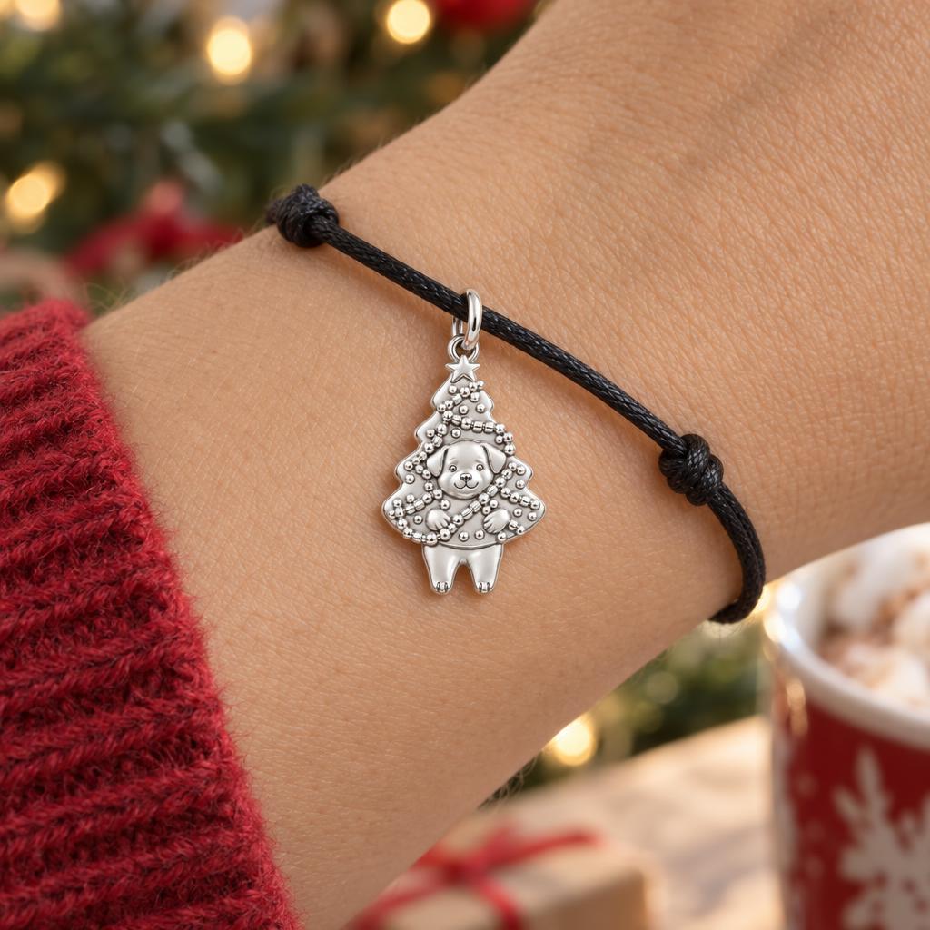 Puppy Christmas Tree Charm Bracelet – Personalized Dog Mom Gift – worn on the wrist on a black cord bracelet