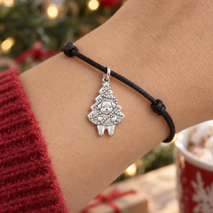 Puppy Christmas Tree Charm Bracelet – Personalized Dog Mom Gift – worn on the wrist on a black cord bracelet