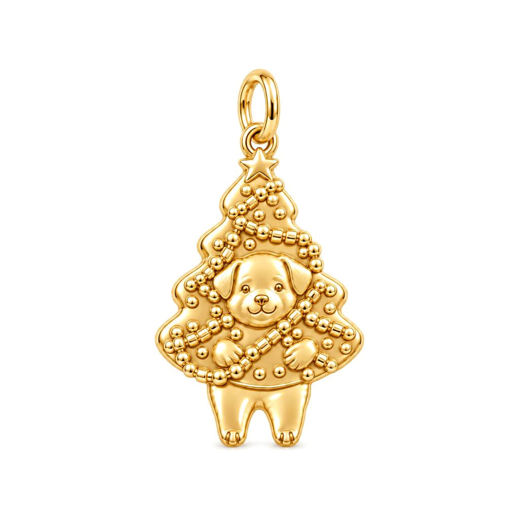 Puppy Christmas Tree Charm Bracelet – Personalized Dog Mom Gift – 18K gold charm, front view
