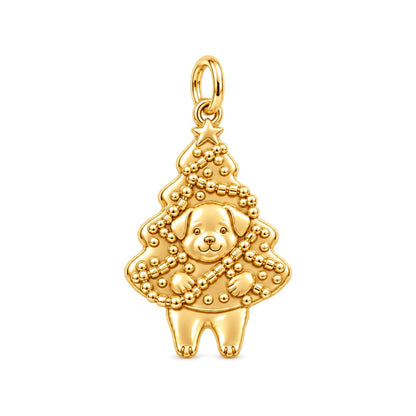 Puppy Christmas Tree Charm Bracelet – Personalized Dog Mom Gift – 18K gold charm, front view