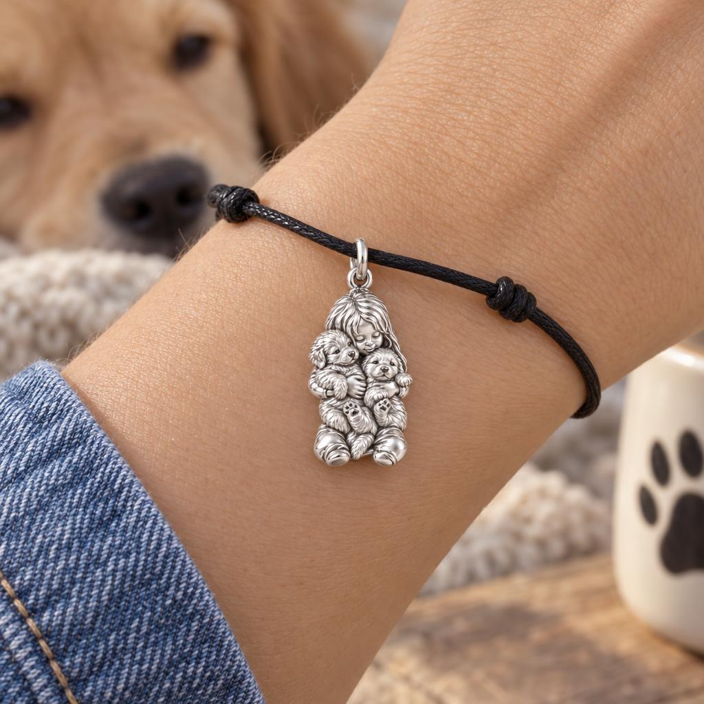 Puppy Hug Cuddle Charm Bracelet – Personalized Dog Mom Gift – worn on the wrist on a black cord bracelet