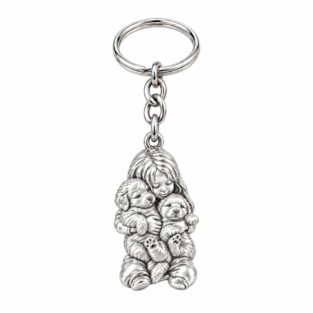 Puppy Hug Cuddle Charm Keychain – silver, front view