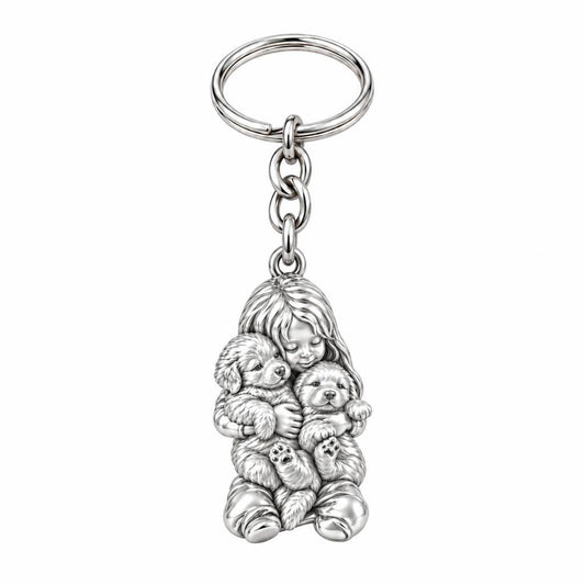 Puppy Hug Cuddle Charm Keychain – silver, front view