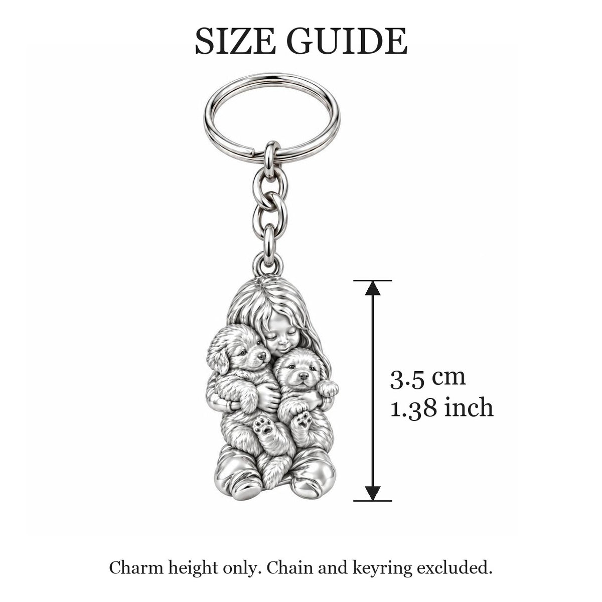 Puppy Hug Cuddle Charm Keychain – size guide, 3.5 cm (1.38 in) charm, chain and keyring excluded