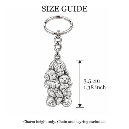 Puppy Hug Cuddle Charm Keychain – size guide, 3.5 cm (1.38 in) charm, chain and keyring excluded