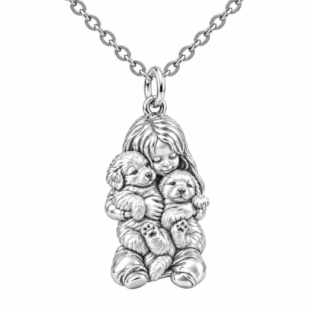 Puppy Hug Cuddle Charm Necklace Set – silver, front view