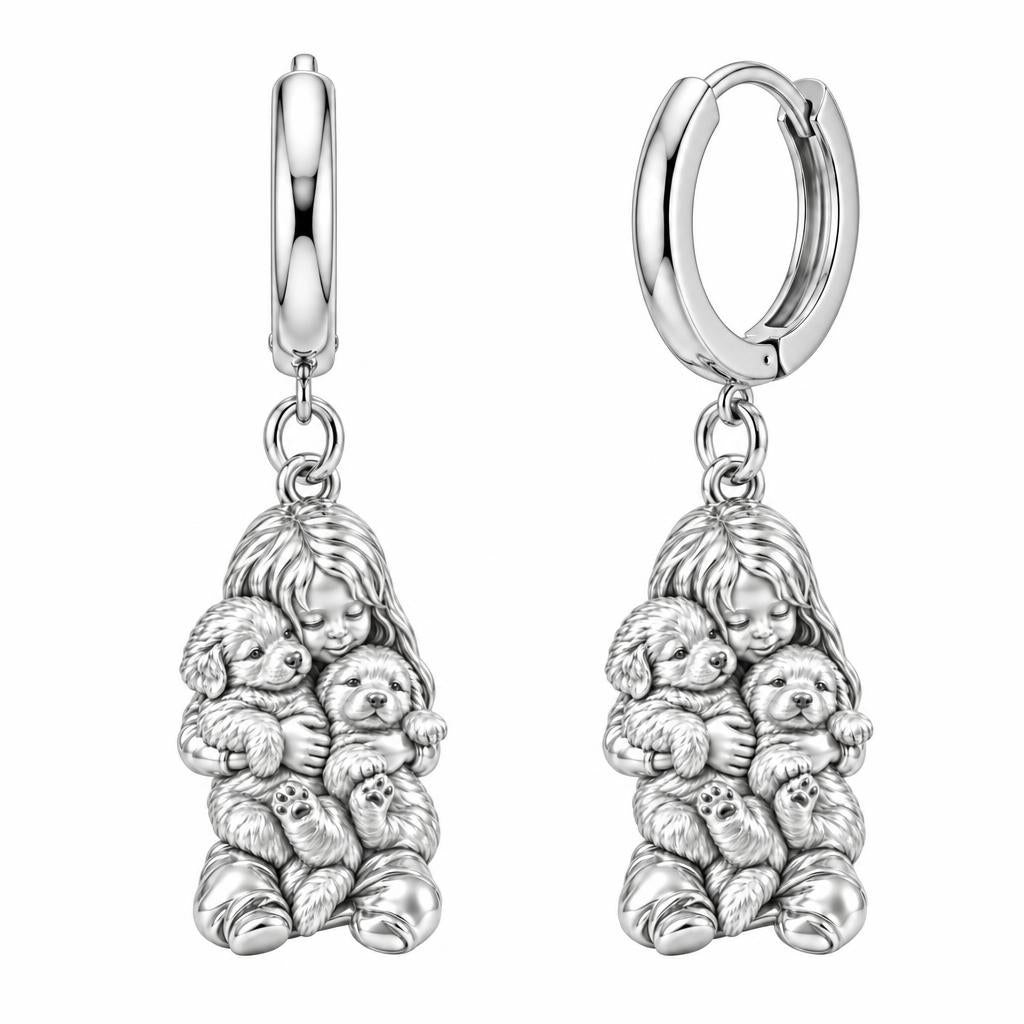 Puppy Hug Cuddle Huggie Charm Earrings – silver, front view