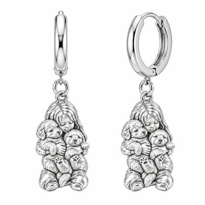 Puppy Hug Cuddle Huggie Charm Earrings – silver, front view