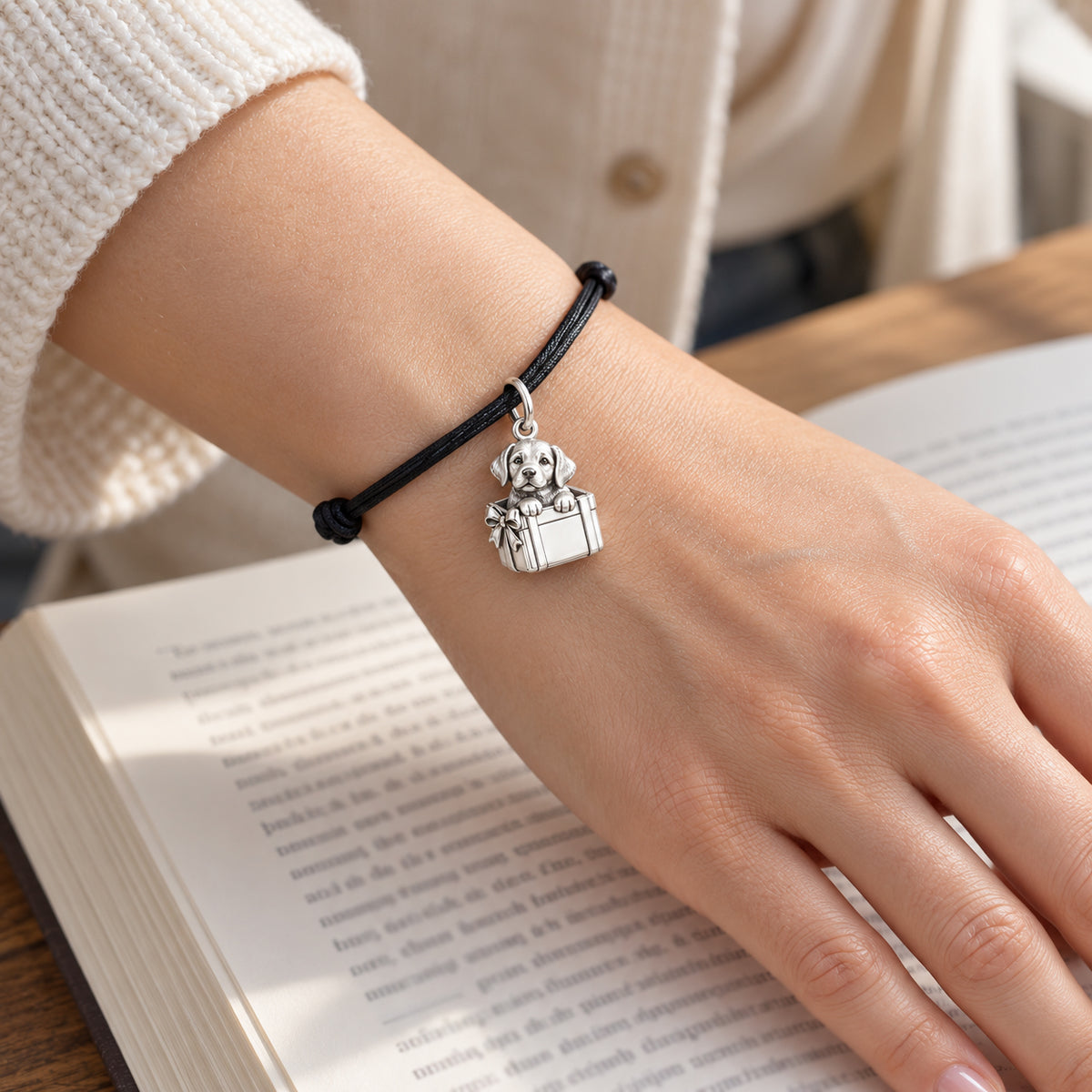 Puppy in Gift Box Charm and Polyester Cord Bracelet Set