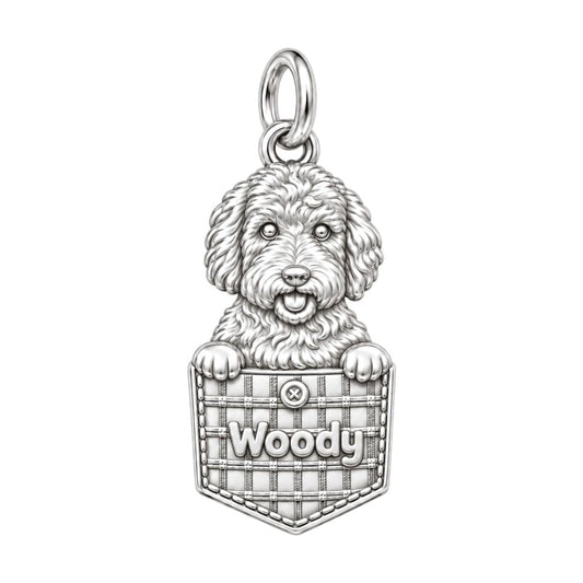 Puppy in My Pocket Charm Bracelet – Personalized Dog Mom Gift – silver plated 3 cm charm, front view