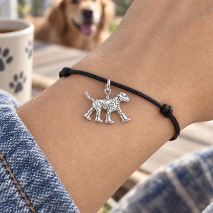 Puppy in Rain Boots Charm Bracelet – Personalized Dog Mom Gift – worn on the wrist on a black cord bracelet