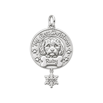 Puppy's First Christmas Charm Bracelet – Personalized Dog Mom Gift – silver plated 2 cm charm, front view