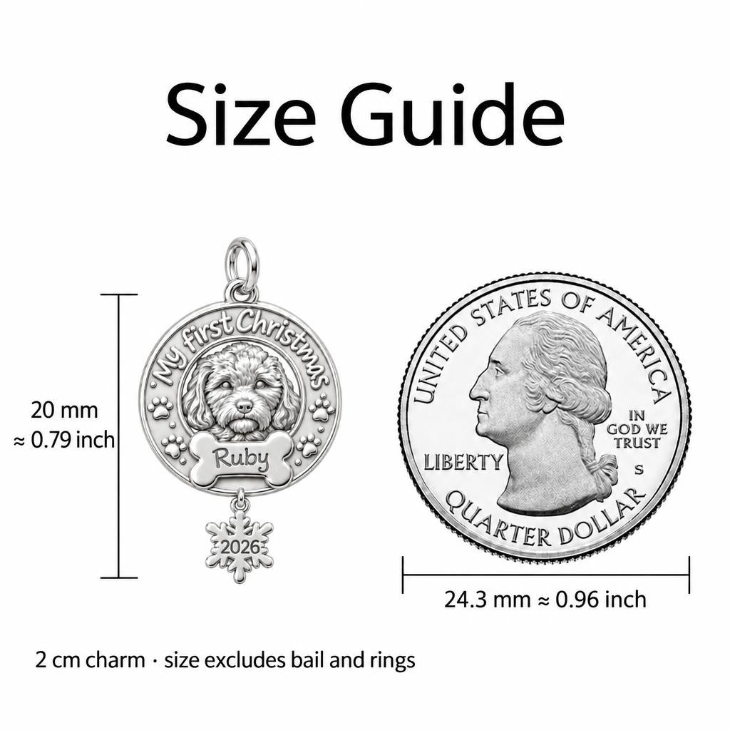 Puppy's First Christmas Charm Bracelet – Personalized Dog Mom Gift – size guide, 2 cm charm next to a quarter