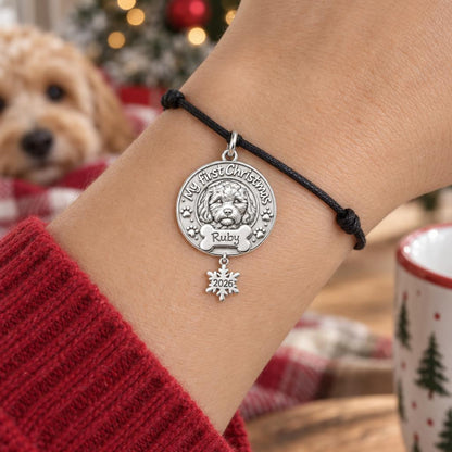 Puppy's First Christmas Charm Bracelet – Personalized Dog Mom Gift – worn on the wrist on a black cord bracelet