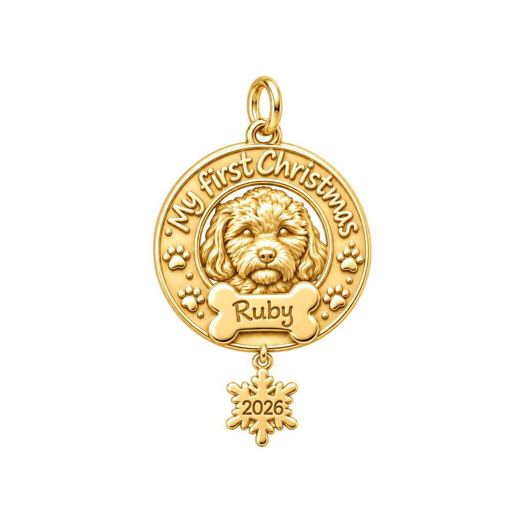 Puppy's First Christmas Charm Bracelet – Personalized Dog Mom Gift – 18K gold plated 2 cm charm, front view