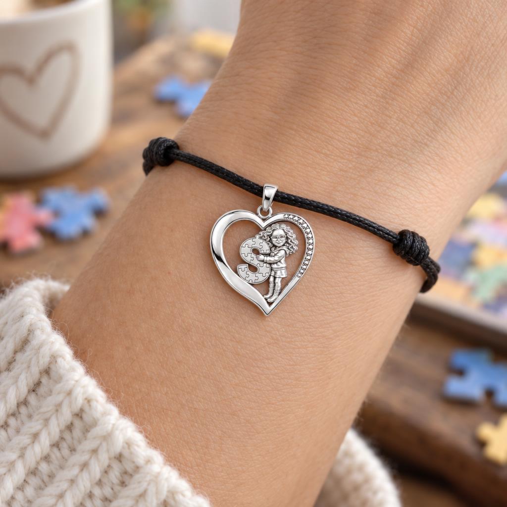 Puzzle Piece Initial Heart Charm and Polyester Cord Bracelet Set