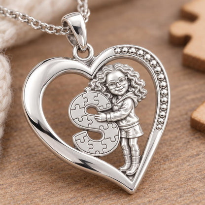 Puzzle Piece Initial Heart Charm and Polyester Cord Bracelet Set