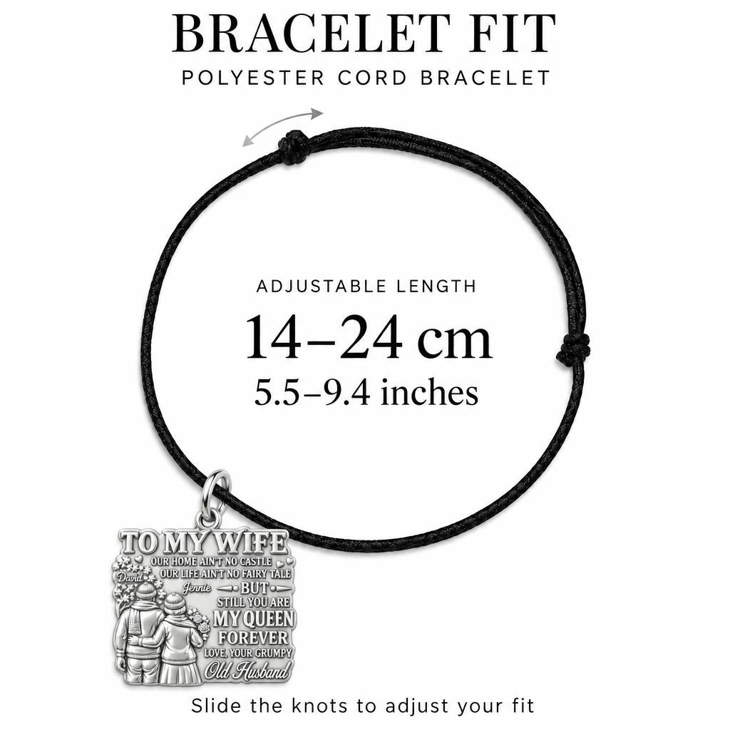 Queen Forever Charm Bracelet – Personalized Wife Gift – adjustable black cord bracelet, 14–24 cm