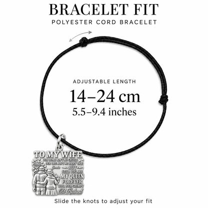 Queen Forever Charm Bracelet – Personalized Wife Gift – adjustable black cord bracelet, 14–24 cm