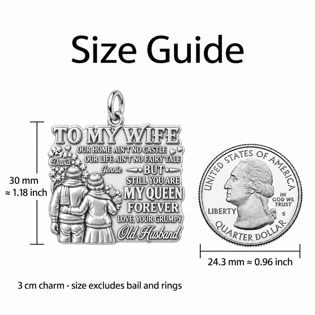Queen Forever Charm Bracelet – Personalized Wife Gift – size guide, 3 cm charm next to a quarter