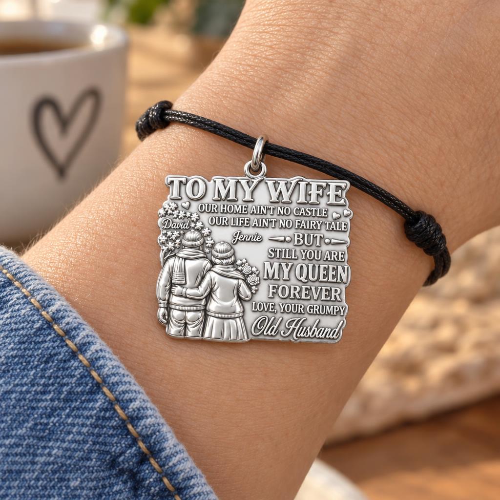 Queen Forever Charm Bracelet – Personalized Wife Gift – worn on the wrist on a black cord bracelet