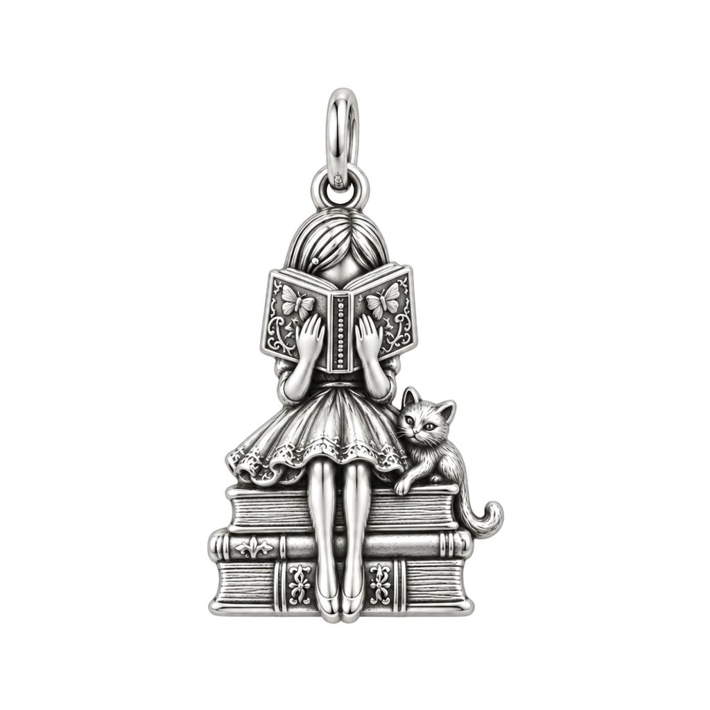 Quiet Reader and Cat Charm Bracelet – Personalized Book Mom Gift – silver charm, front view