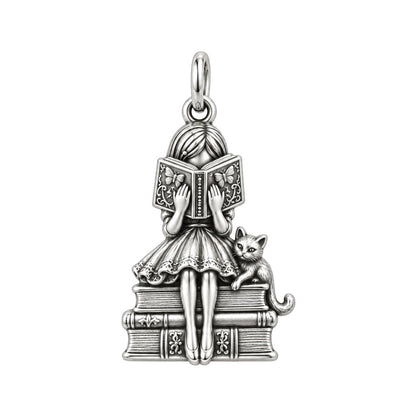 Quiet Reader and Cat Charm Bracelet – Personalized Book Mom Gift – silver charm, front view