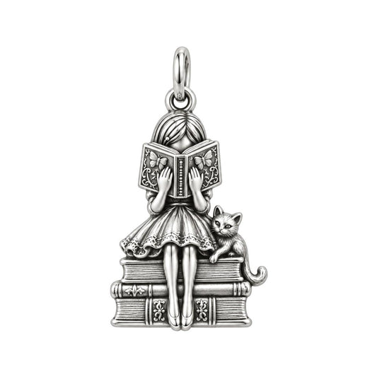 Quiet Reader and Cat Charm Bracelet – Personalized Book Mom Gift – silver charm, front view