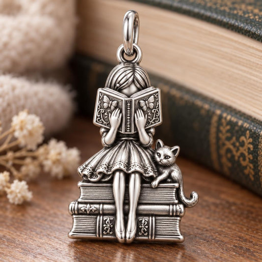 Quiet Reader and Cat Charm Bracelet – Personalized Book Mom Gift – macro detail of the charm