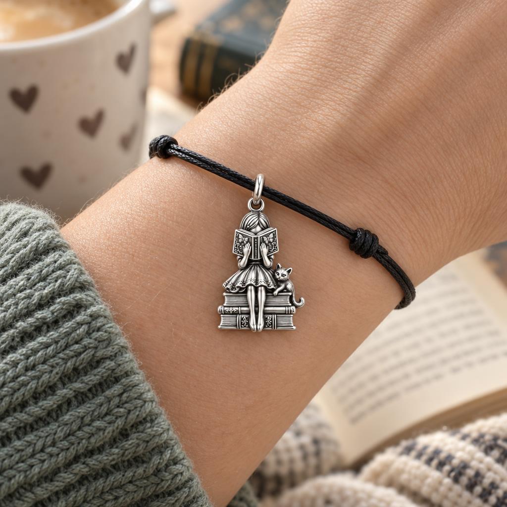 Quiet Reader and Cat Charm Bracelet – Personalized Book Mom Gift – worn on the wrist on a black cord bracelet
