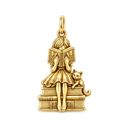 Quiet Reader and Cat Charm Bracelet – Personalized Book Mom Gift – 18K gold charm, front view