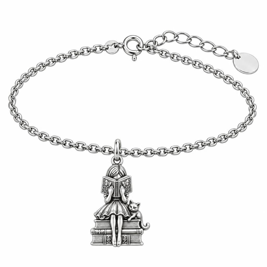Quiet Reader and Cat Charm Bracelet Set – silver, front view