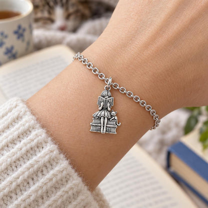 Quiet Reader and Cat Charm Bracelet Set – worn / in use