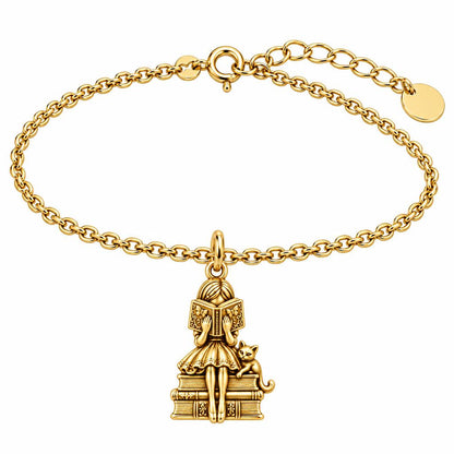 Quiet Reader and Cat Charm Bracelet Set – 18K gold, front view