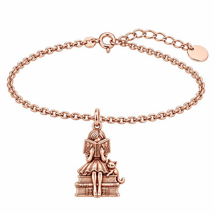 Quiet Reader and Cat Charm Bracelet Set – rose gold, front view