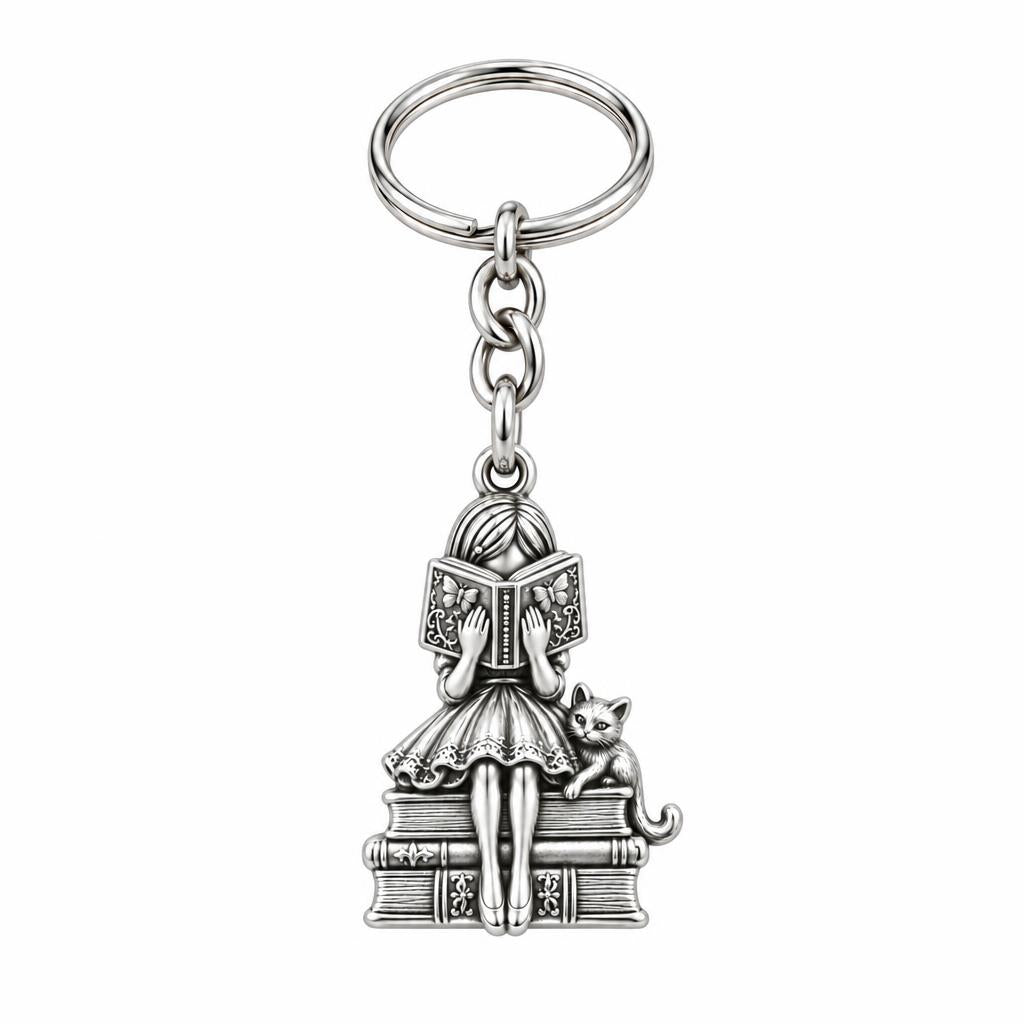 Quiet Reader and Cat Charm Keychain – silver, front view