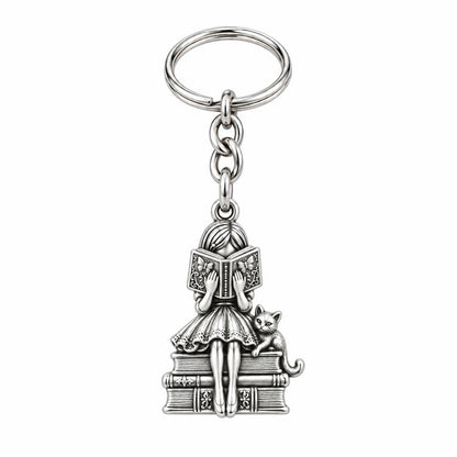 Quiet Reader and Cat Charm Keychain – silver, front view