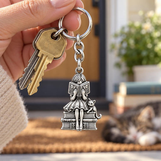 Quiet Reader and Cat Charm Keychain – worn / in use