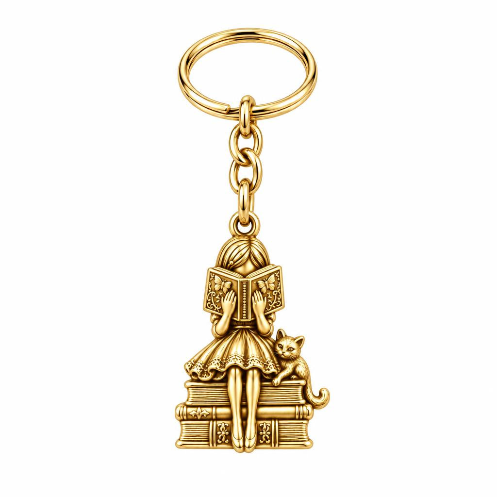 Quiet Reader and Cat Charm Keychain – 18K gold, front view